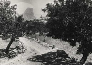 Spanien. Blick auf den Peñón de Ifach, einem 300 Meter hohem kalkhaltigen Monilith am Mittelmeer, von einem Feldweg aus gesehen