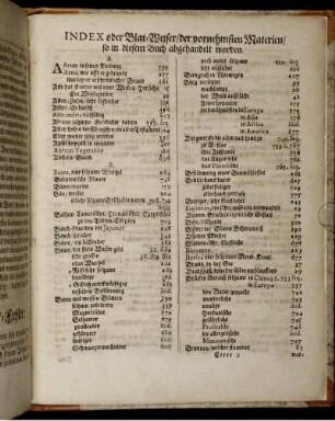 Index oder Blat-Weiser/ der vornehmsten Materien/ so in diesem Buch abgehandelt worden