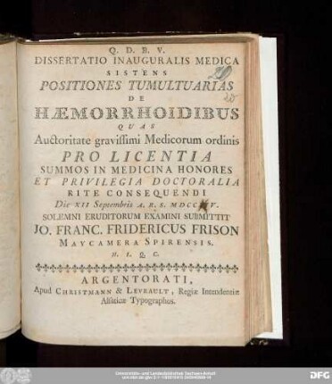 Dissertatio Inauguralis Medica Sistens Positiones Tumultuarias De Haemorrhoidibus