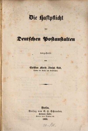 Die Haftpflicht der deutschen Postanstalten dargestellt