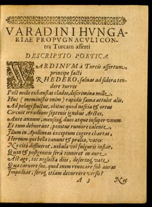 Varadini Hungariae Propugnaculi contra Turcam asserti.
