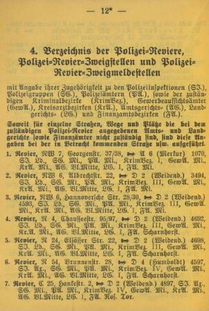 4. Verzeichnis der Polizei-Reviere, Polizei-Revier-Zweigstellen und Polizei-Revier-Zweigmeldestellen