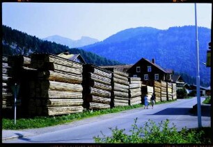 Bezau: Holzstapel in einer Straße