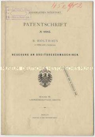 Patentschrift über Neuerungen an Breitdreschmaschinen, Patent-Nr. 8885