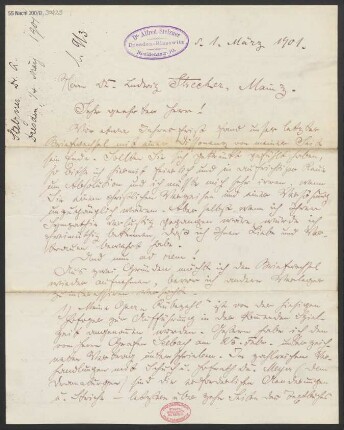 Brief an Ludwig Strecker <senior> und B. Schott's Söhne : 01.03.1901
