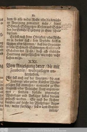 XXI. Von Anzeigung derer/ die mit Zauberey/ wahrzusagen unterstehen.