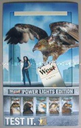 Werbeaufsteller mit Werbeaufdruck für " West lights"-Zigaretten, "POWER LIGHTS EDITION"