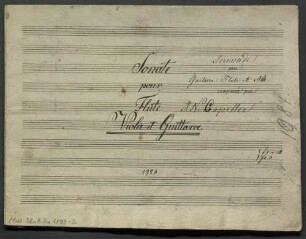 Divertimentos, fl, vla, guit, C-Dur - BSB Mus.Schott.Ha 1899-2 : [title page, guit:] Sonate // pour // Flüte [!] // Viola et Guittarre. [at right:] Serenade // pour // Guitarre Flute et Alto. // composée par // J. N. Capeller