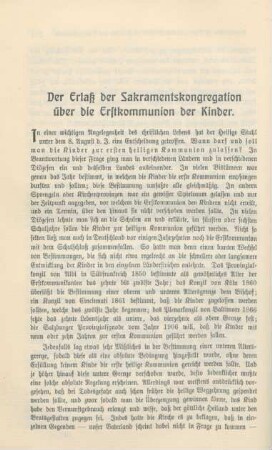 532-549 Der Erlaß der Sakramentskongregation über die Erstkommunion der Kinder
