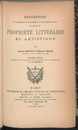 Répertoire de législation, de doctrine et de jurisprudence en matière de propriété littéraire et artistique