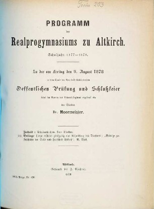 Programm des Realprogymnasiums zu Altkirch : Schuljahr .... 1877/78