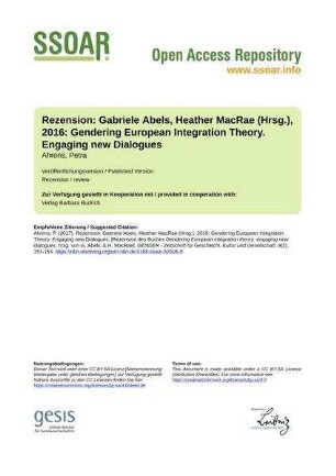 Rezension: Gabriele Abels, Heather MacRae (Hrsg.), 2016: Gendering European Integration Theory. Engaging new Dialogues