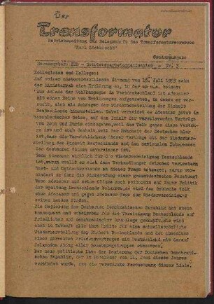 'Der Transformator - Sonderausgabe Nr. 3', Nr.3/1953 (21. Juli 1953)