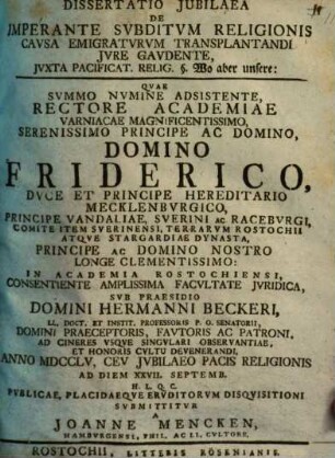 Diss. iubil. de imperante subditum religionis causa emigraturum transplantandi iure gaudente, iuxta pacificat. relig. §. Wo aber unsere