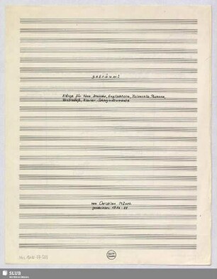 geträumt - Mus.15480-ZZ-503 : Klänge für Oboe, Bratsche, Englischhorn, Violoncello, Posaune, Kontrabaß, Klavier, Schlaginstrumente; vla, vlc, cb, ob, cor inglese, trb, stck, pf