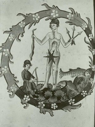 Illumination eines Lehrbuchs der Astronomie: Jupiter mit Fischen und Schützen