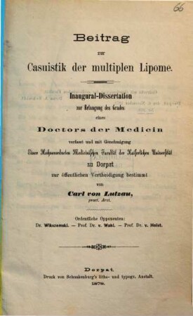 Beitrag zur Casuistik der multiplen Lipome : Dorpat. Inaug. Diss.