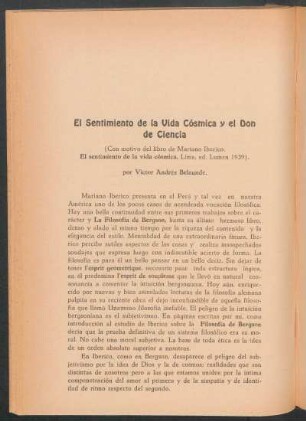 El sentimiento de la vida cósmica y el don de ciencia : (Con motivo del libro de Mariano Ibérico "El sentimiento de la vida cósmica", Lima, Ed. Lumen, 1939)