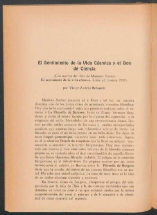 El sentimiento de la vida cósmica y el don de ciencia : (Con motivo del libro de Mariano Ibérico "El sentimiento de la vida cósmica", Lima, Ed. Lumen, 1939)