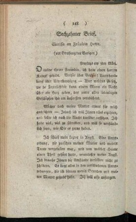 Sechzehnter Brief. Clarissa an Fräulein Howe. - Siebzehnter Brief. Clarissa an Fräulein Howe.
