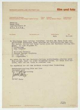 Brief Werkbund-Ausstellung Film und Foto/Die Ausstellungsleitung / gez. Gustav Stotz an Hannah Höch. Stuttgart. Briefkopf: "WERKBUND-AUSSTELLUNG STUTTGART 1929 film und foto [...]".