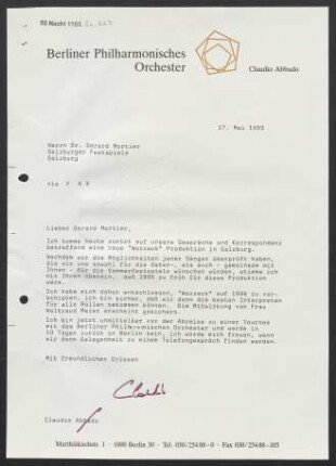 Brief an Gerard Mortier an Salzburger Festspiele, 17.05.1993