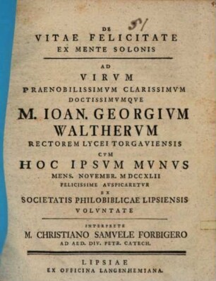 De vitae felicitate ex mente Solonis