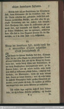 III. Menge der brennbaren Luft, welche durch den in mineralischen Säuren aufgelösten Stahl hervorgebracht ist