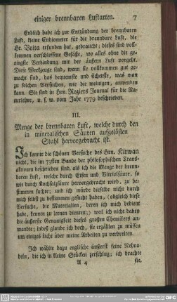 III. Menge der brennbaren Luft, welche durch den in mineralischen Säuren aufgelösten Stahl hervorgebracht ist
