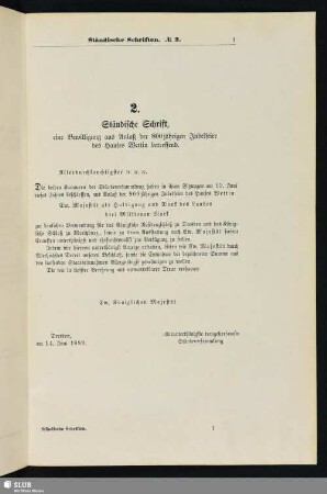2. Ständische Schrift, eine Bewilligung aus Anlaß der 800jährigen Jubelfeier des Hauses Wettin betreffend