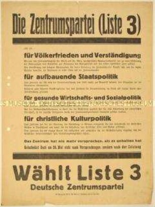 Programmatischer Wahlaufruf der Zentrumspartei anlässlich der Reichstagswahl 1928