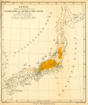 Japan: Übersichtskarte zur Verbreitung der Seiden- & Thee-Cultur