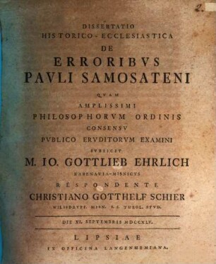Dissertatio Historico-Ecclesiastica De Erroribvs Pavli Samosateni