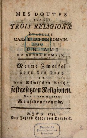 Mes doutes sur les trois religions établies dans l'empire romain