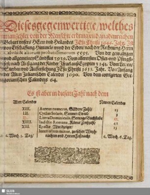 Dieses gegenwärtige, welches man zehlet von der Menschwerdung und gnadenreichen Geburt unsers Herrn und Heilands Jesu Christi 1646