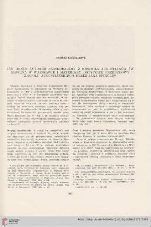 41: Jan Henle autorem płaskorzeżby z kościoła Augustianów św. Marcina w Warszawie i materiały dotyszące przebudowy zespołu augustiańskiego przez Jana Spinolę