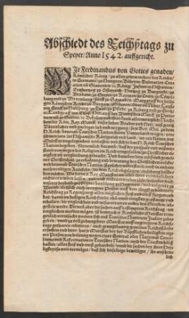 Abschiedt des Reichßtags zu Speyer/ Anno 1542. auffgericht.