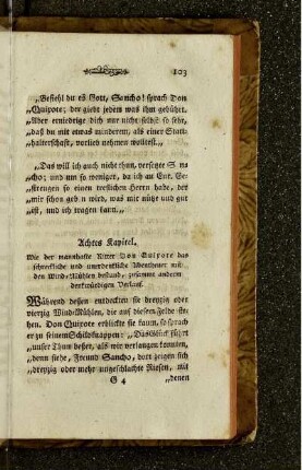 Achtes Kapitel. Wie der mannhafte Ritter Don Quixote das schreckliche und unerdenkliche Abentheuer mit den Wind-Mühlen bestund, zusammt anderm denkwürdigen Verlauf.