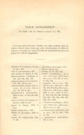 Table alphabétique du tome I et du tome IV (pages 1 a 92)