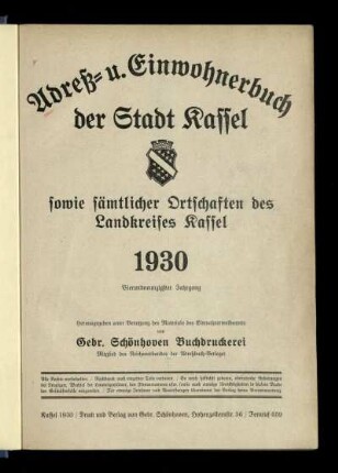 Jg. 94.1930: Adreß- u. Einwohnerbuch der Stadt Kassel sowie sämtlicher Ortschaften des Landkreises Kassel