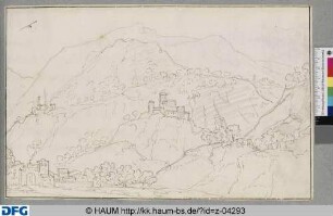 Berglandschaft mit Burgen und Dorf im Tal zur Linken