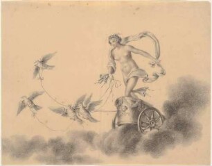 Aphrodite auf einem von Tauben gezogenen Wagen in Wolken