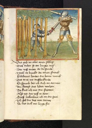 Hildebrand kämpft aus der Deckung des Waldes heraus mit Sigenot.