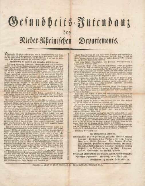 Gesundheits-Intendanz des Nieder-Rheinischen Departements. : Straßburg, den 10. April 1832