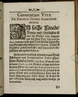 Curriculum Vitæ Pie Defuncti Domini Superintendentis.