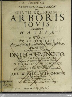 Dissertatio Historica De Cultu Religioso Arboris Iovis praesertim in Hassia