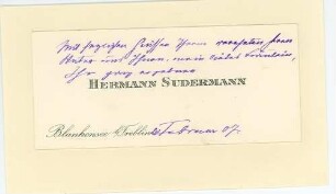 Korrespondenz von Hermann Sudermann an Unbekannt