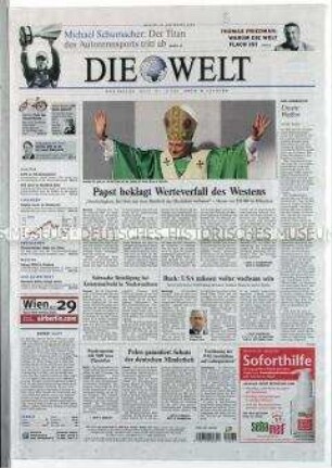 Tageszeitung "Die Welt" u.a. zum Besuch des Papstes in Deutschland
