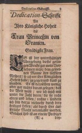 Dedication-Schrifft An Ihro Königliche Hoheit die Frau Princeßin von Oranien