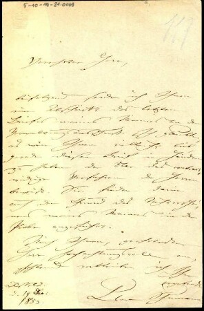 5-10-19-21.0000: Handschriften betr. Schumann, Robert; Komponist und Musikdirektor; diverse Schreiben ff.: Begleitschreiben Clara Schumanns zu 5-10-19-21.0002